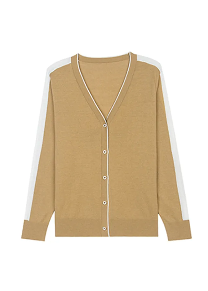 Handmade Camel V Neck Colorblock Wool Knit Cardigans Long Sleeve