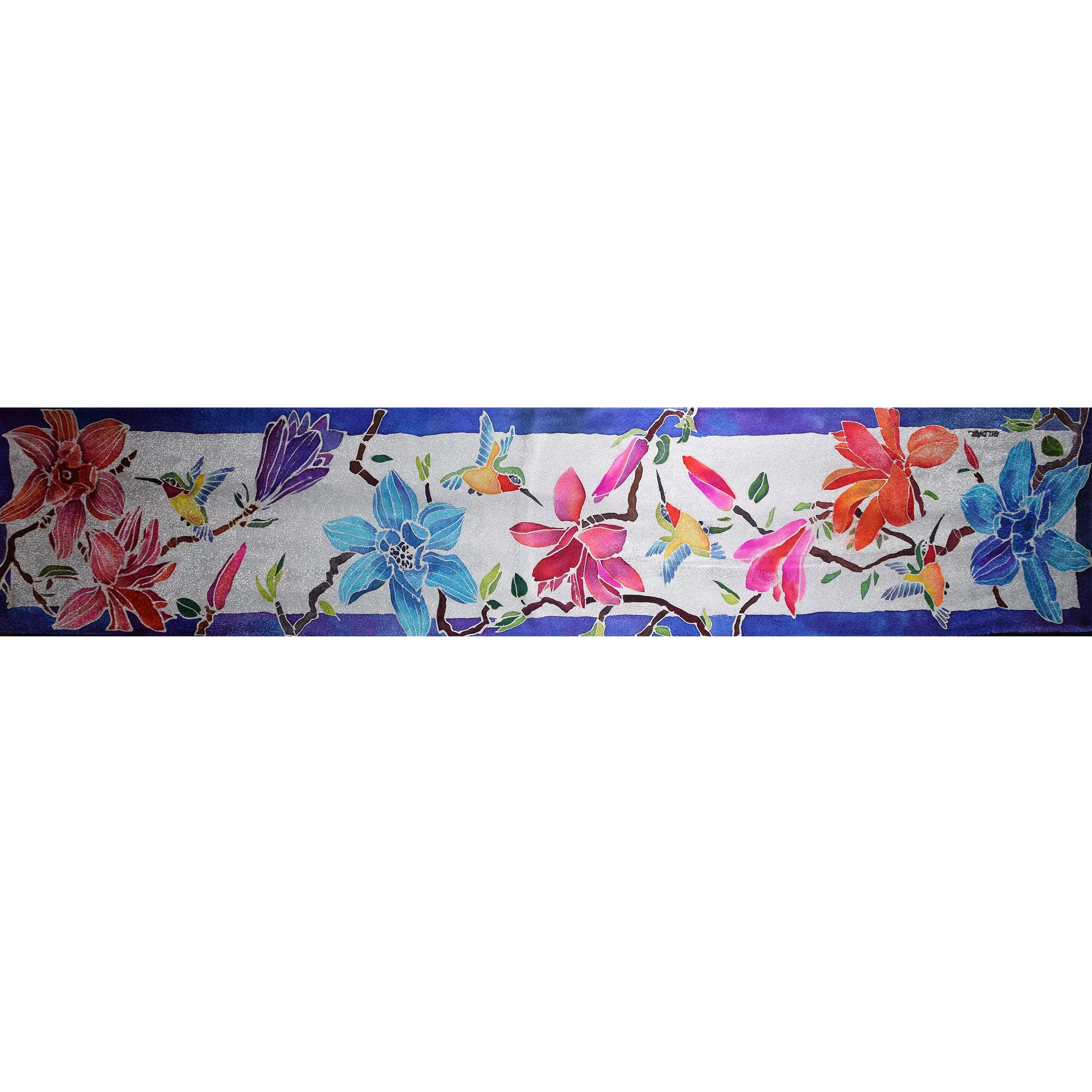 Handpainted Floral and Hummingbird Royal Blue Border Jacquard Silk Scarf