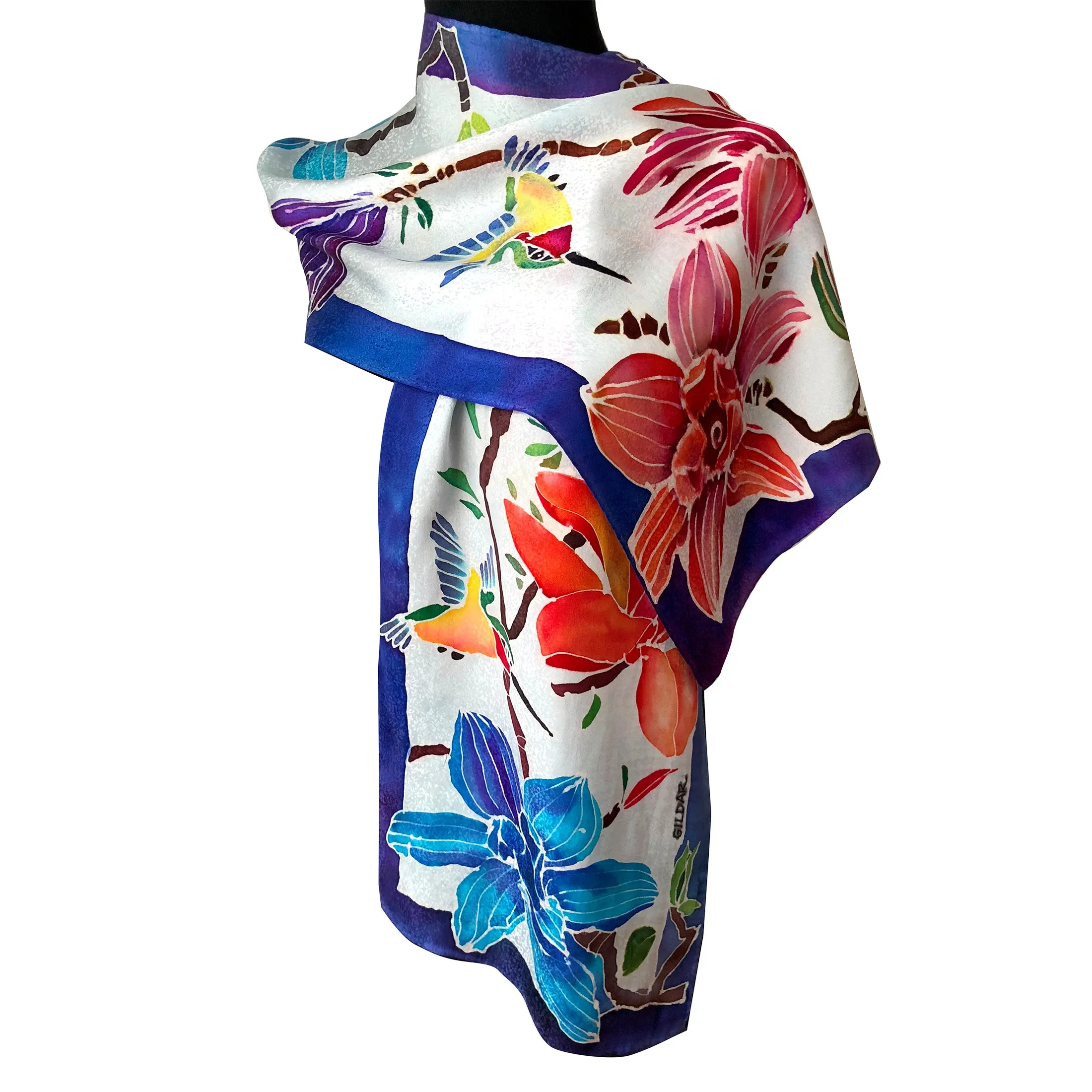 Handpainted Floral and Hummingbird Royal Blue Border Jacquard Silk Scarf