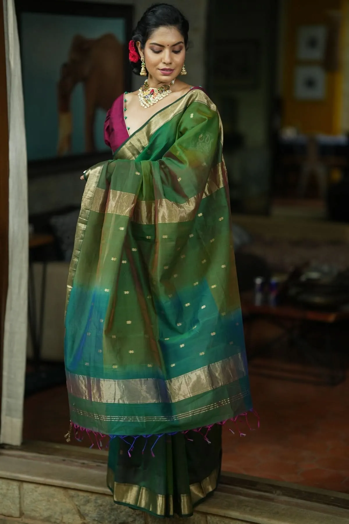 Handwoven  Maheshwari Silk Cotton Saree in Green with Ombre weave and long handmade tassels