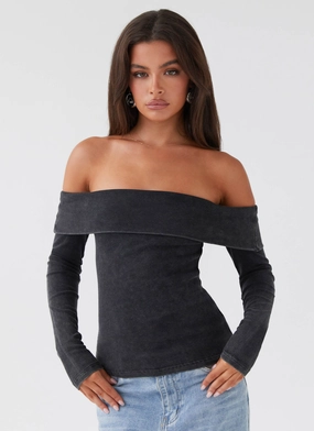 Hayley Long Sleeve Ribbed Top - Charcoal Acid Wash Hayley Long Sleeve Ribbed Top - Charcoal Acid Wash