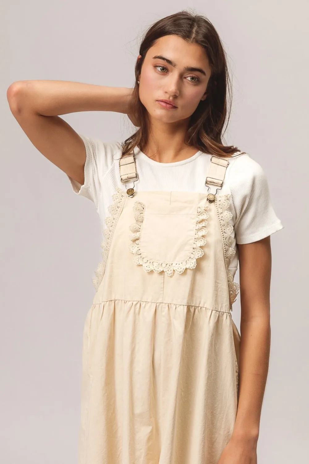 Hazel Blues® |  BiBi Back Patch Pocket Lace Trim Rompers