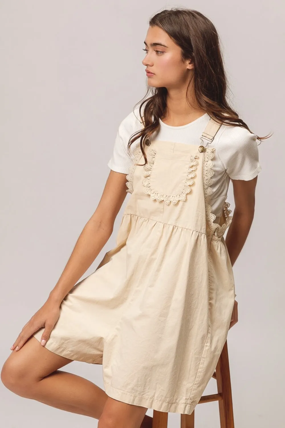 Hazel Blues® |  BiBi Back Patch Pocket Lace Trim Rompers