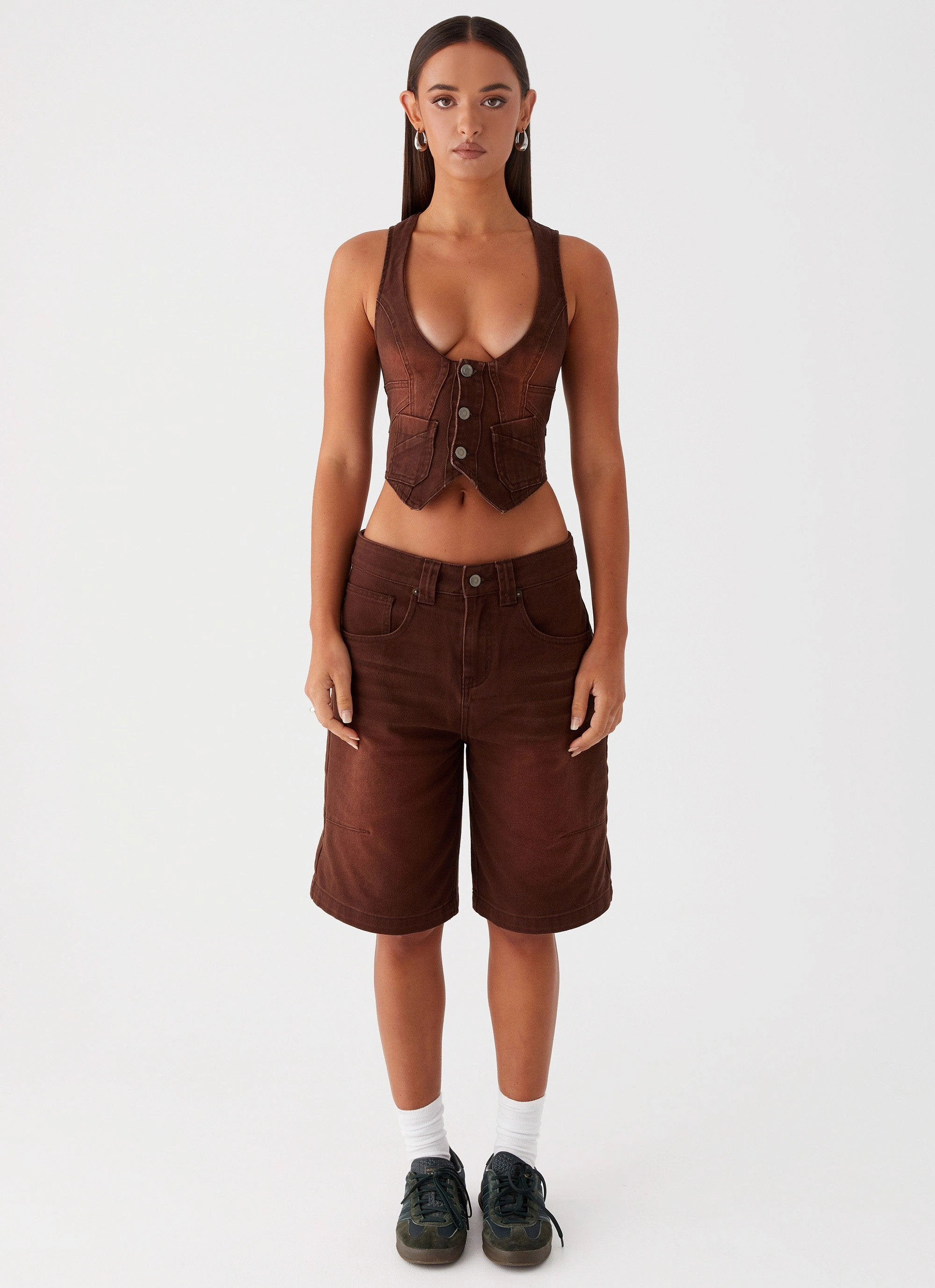 Heading South Denim Jorts - Brown