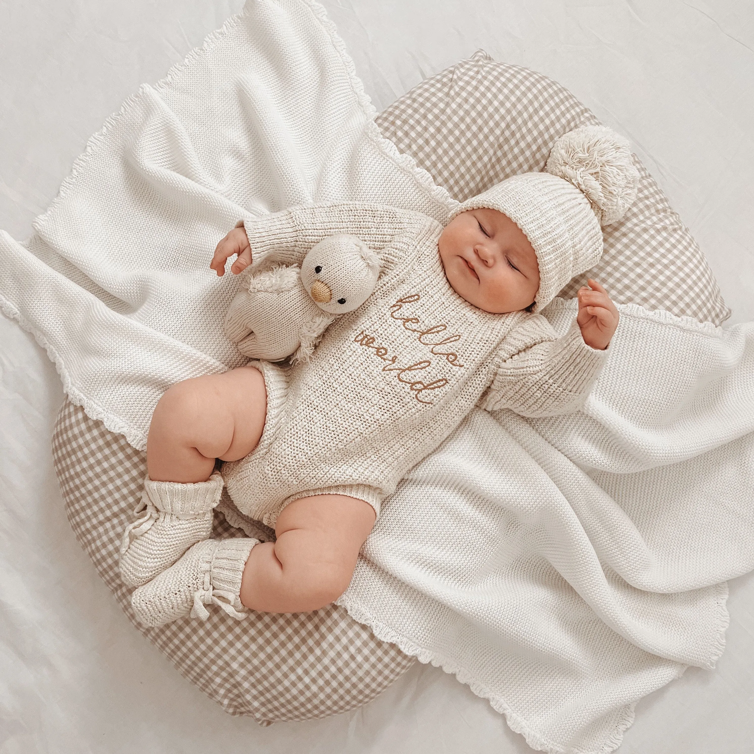 'Hello World' Chunky Knit Romper & Beanie Bundle NB PRE ORDER EST DISPATCH MID - LATE MARCH