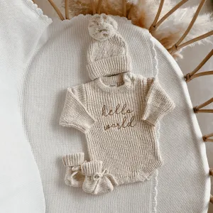 'Hello World' Chunky Knit Romper & Beanie Bundle NB PRE ORDER EST DISPATCH MID - LATE MARCH