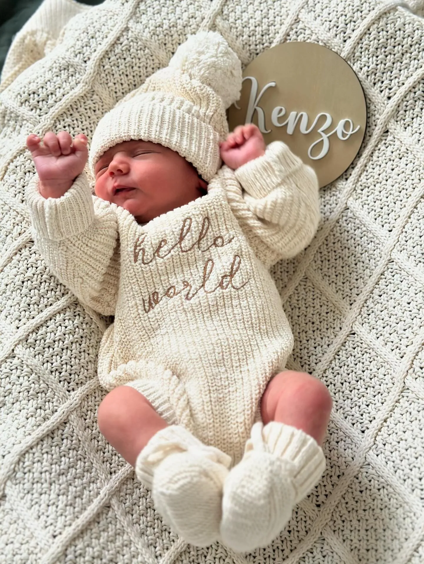 'Hello World' Chunky Knit Romper & Beanie Bundle NB PRE ORDER EST DISPATCH MID - LATE MARCH