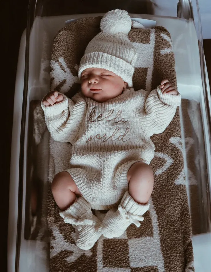 'Hello World' Chunky Knit Romper & Beanie Bundle NB PRE ORDER EST DISPATCH MID - LATE MARCH