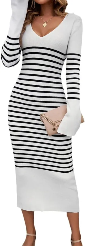 Heloto Women's 2025 Long Sleeve Striped Sweater Dress, Casual Ribbed Knit V-Neck Slim Fit Maxi Dresses