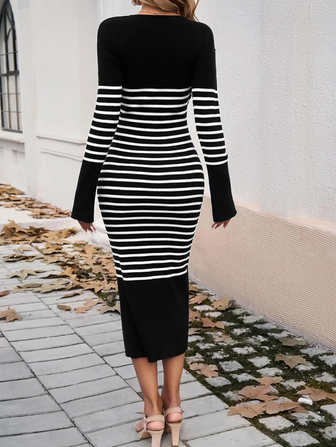 Heloto Women's 2025 Long Sleeve Striped Sweater Dress, Casual Ribbed Knit V-Neck Slim Fit Maxi Dresses