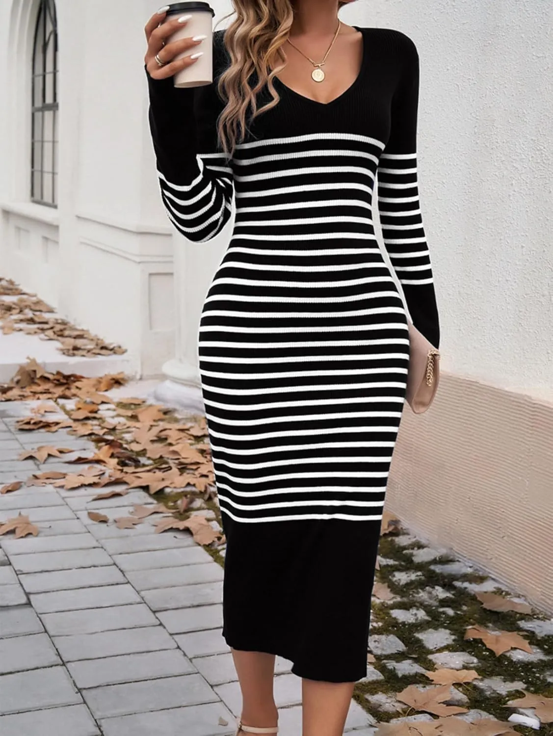Heloto Women's 2025 Long Sleeve Striped Sweater Dress, Casual Ribbed Knit V-Neck Slim Fit Maxi Dresses
