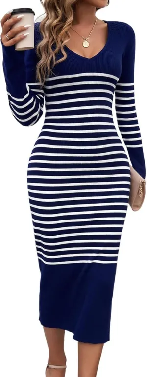 Heloto Women's 2025 Long Sleeve Striped Sweater Dress, Casual Ribbed Knit V-Neck Slim Fit Maxi Dresses