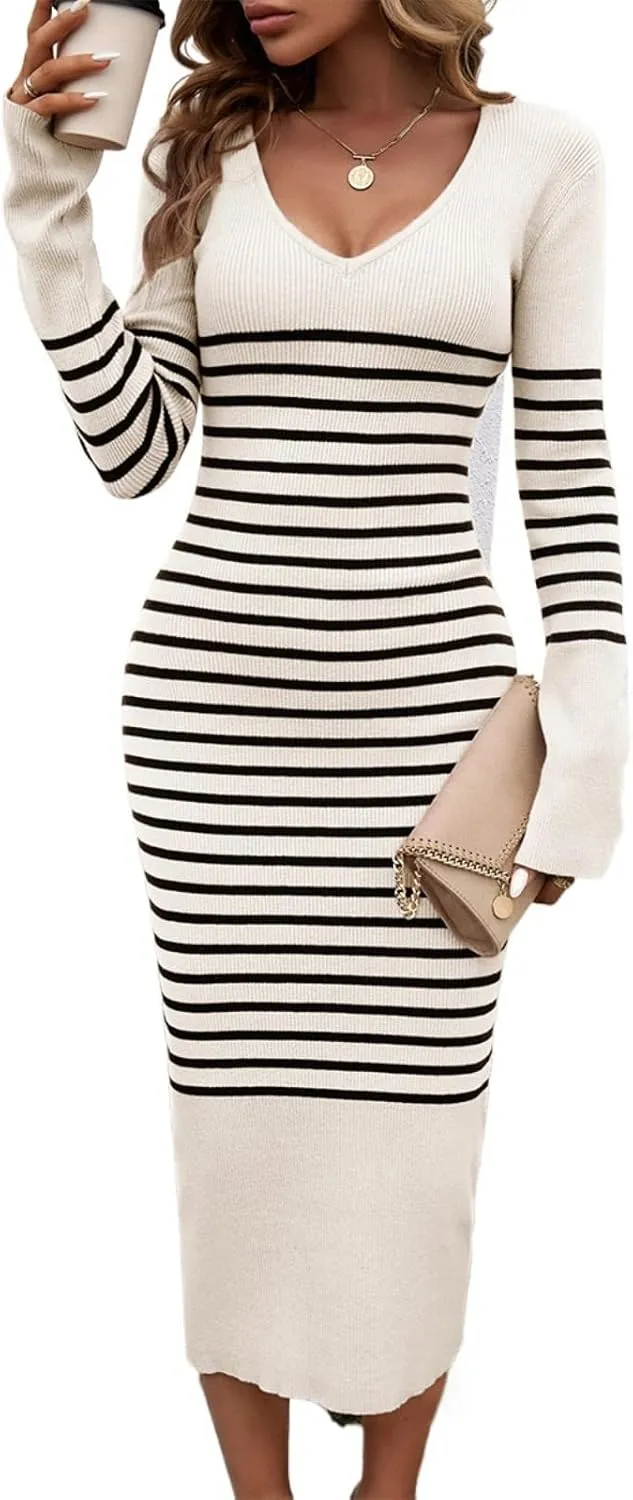 Heloto Women's 2025 Long Sleeve Striped Sweater Dress, Casual Ribbed Knit V-Neck Slim Fit Maxi Dresses
