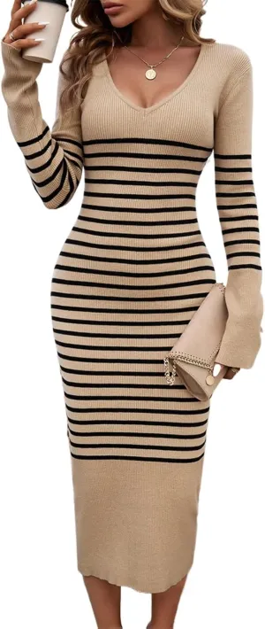 Heloto Women's 2025 Long Sleeve Striped Sweater Dress, Casual Ribbed Knit V-Neck Slim Fit Maxi Dresses