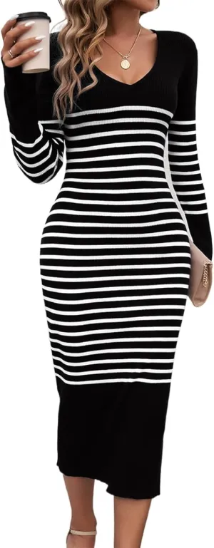 Heloto Women's 2025 Long Sleeve Striped Sweater Dress, Casual Ribbed Knit V-Neck Slim Fit Maxi Dresses