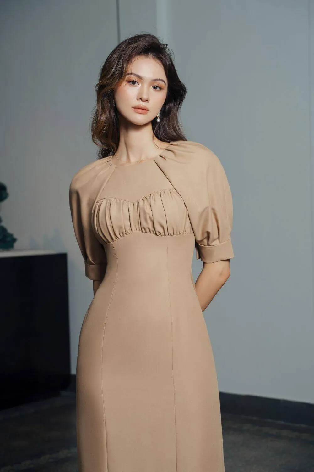 Helti Sheath Draped Twill Midi Dress