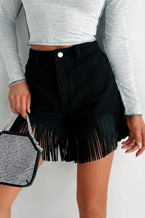 Here For A Good Time High Waist Fringed Shorts (Black Denim) Here For A Good Time High Waist Fringed Shorts (Black Denim)