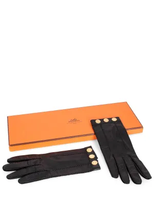 Hermes Leather Gold Medallion Gloves Black