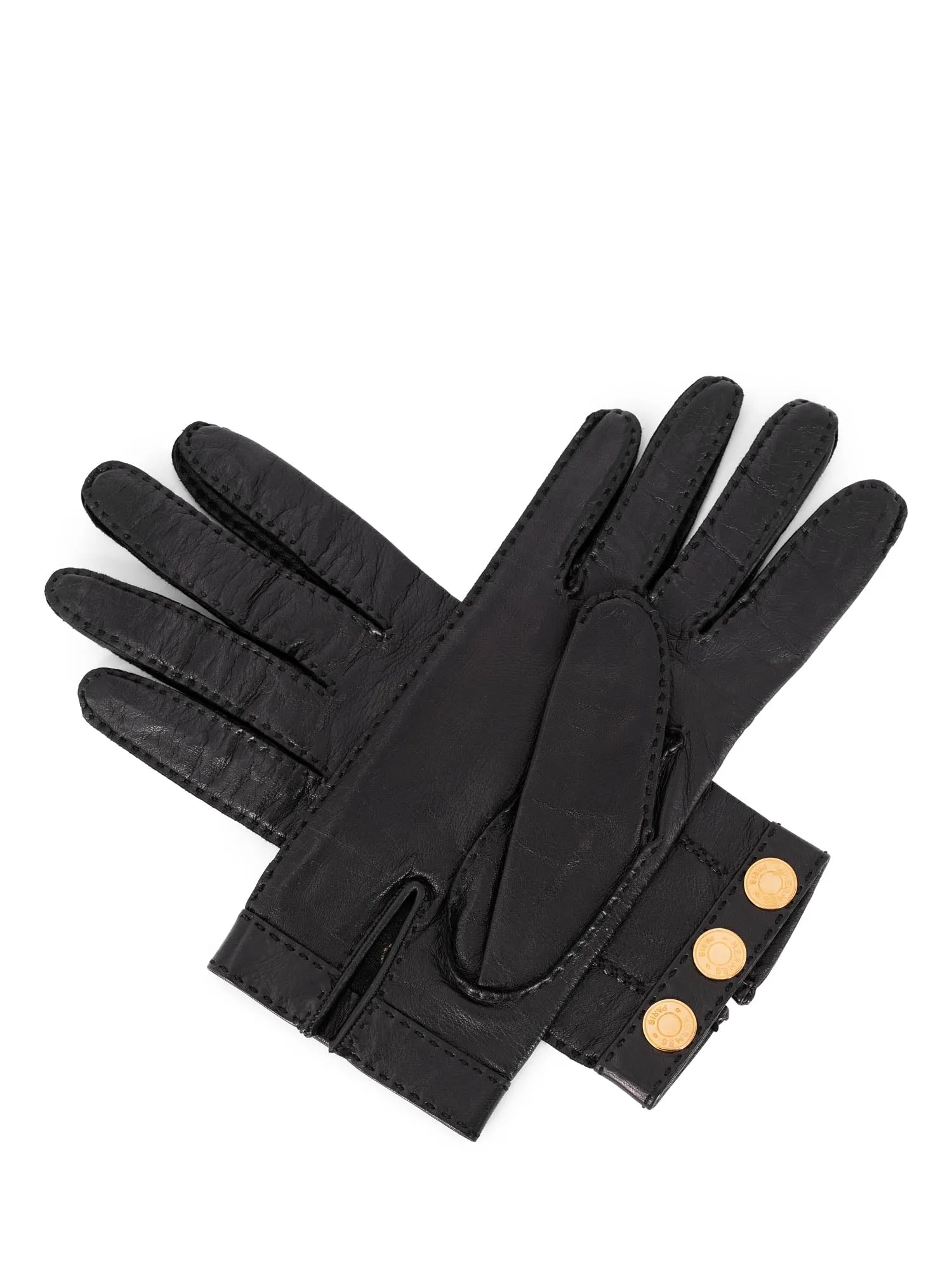 Hermes Leather Gold Medallion Gloves Black