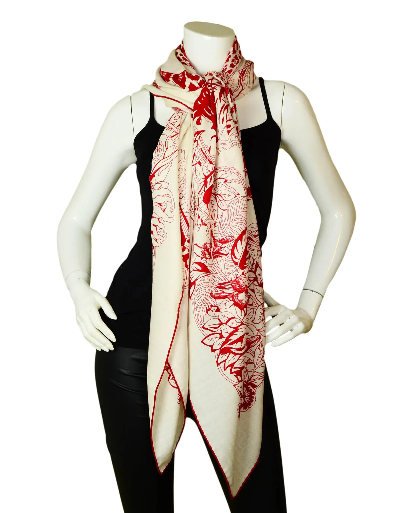 Hermes Red/White Jungle Love Tattoo 140cm Silk/Cashmere Shawl