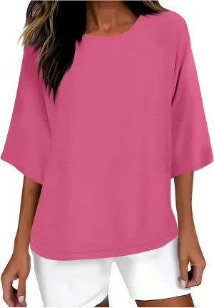 HGps8w Minimalist Linen Shirts for Women 2025 Summer Tops Solid Color Casual 3/4 Sleeve Tees Loose Crew Neck Tunic Blouse
