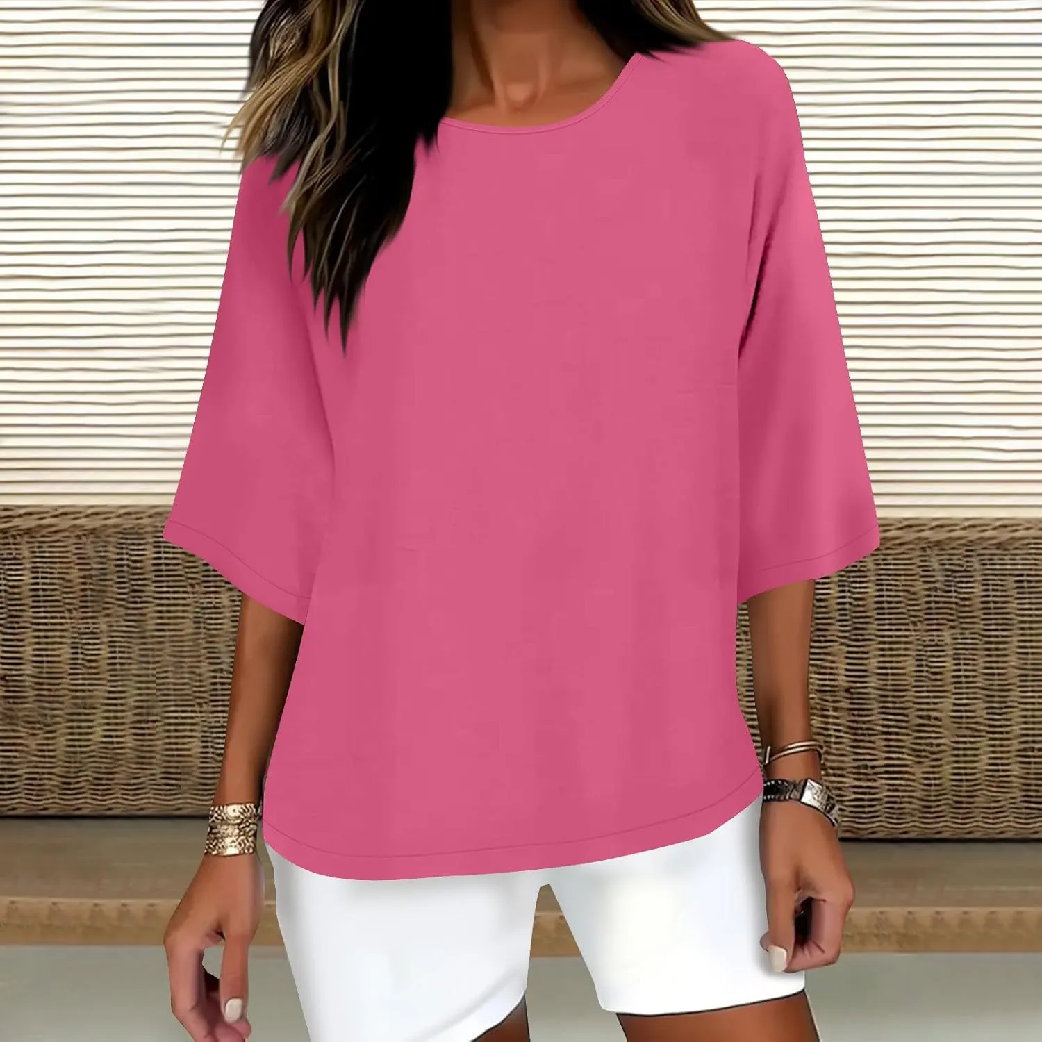 HGps8w Minimalist Linen Shirts for Women 2025 Summer Tops Solid Color Casual 3/4 Sleeve Tees Loose Crew Neck Tunic Blouse