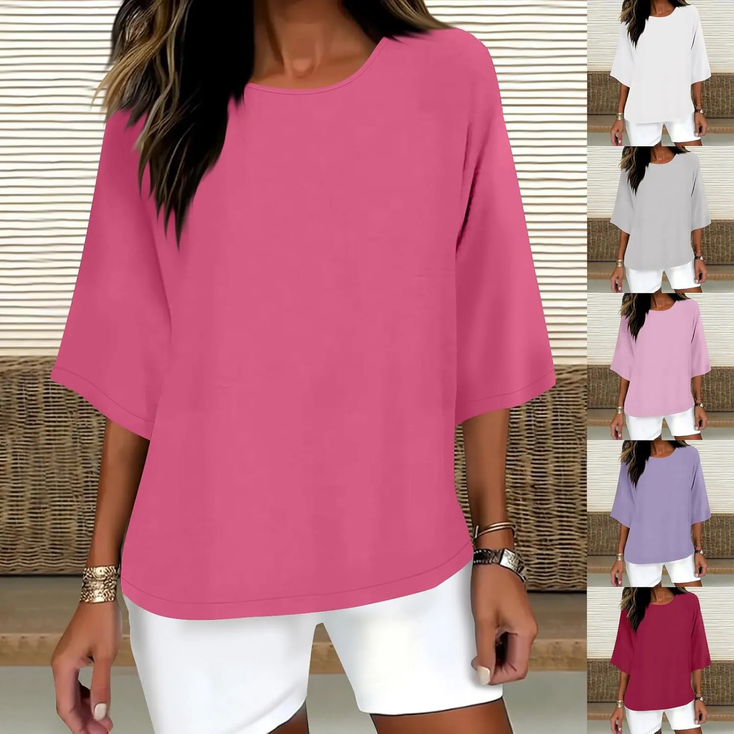 HGps8w Minimalist Linen Shirts for Women 2025 Summer Tops Solid Color Casual 3/4 Sleeve Tees Loose Crew Neck Tunic Blouse