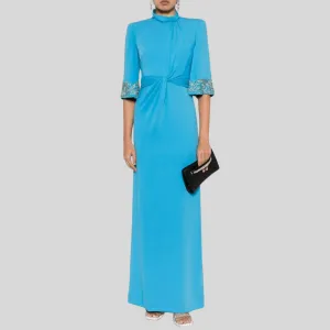 High Neck  Rhinestones Half Sleeves Floor Length  Dress