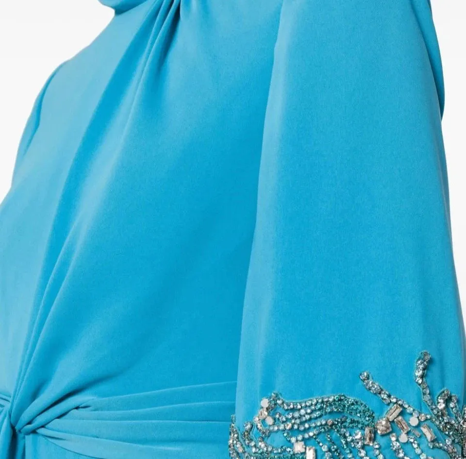 High Neck  Rhinestones Half Sleeves Floor Length  Dress