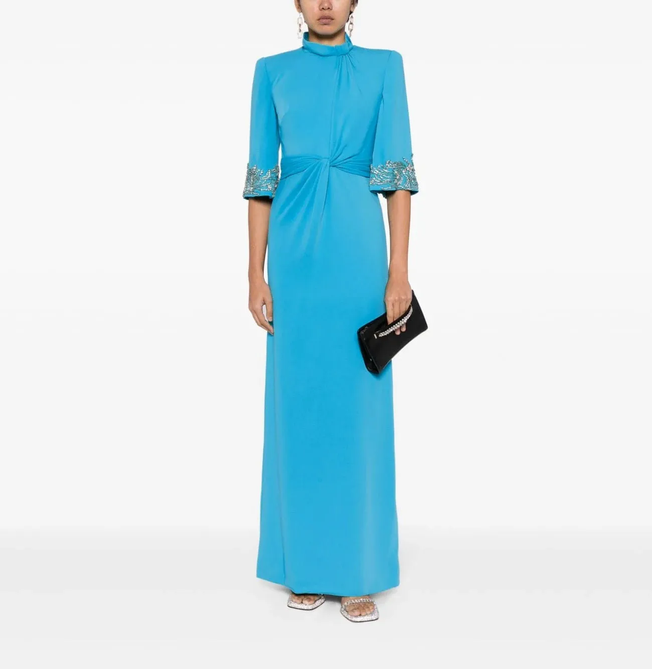 High Neck  Rhinestones Half Sleeves Floor Length  Dress