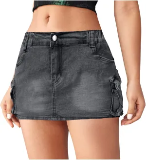 High Stretchy Cargo Skirt for Women Low Waist High Waisted Y2k Mini Jean Skirts Cute Denim Skirt with Pockets