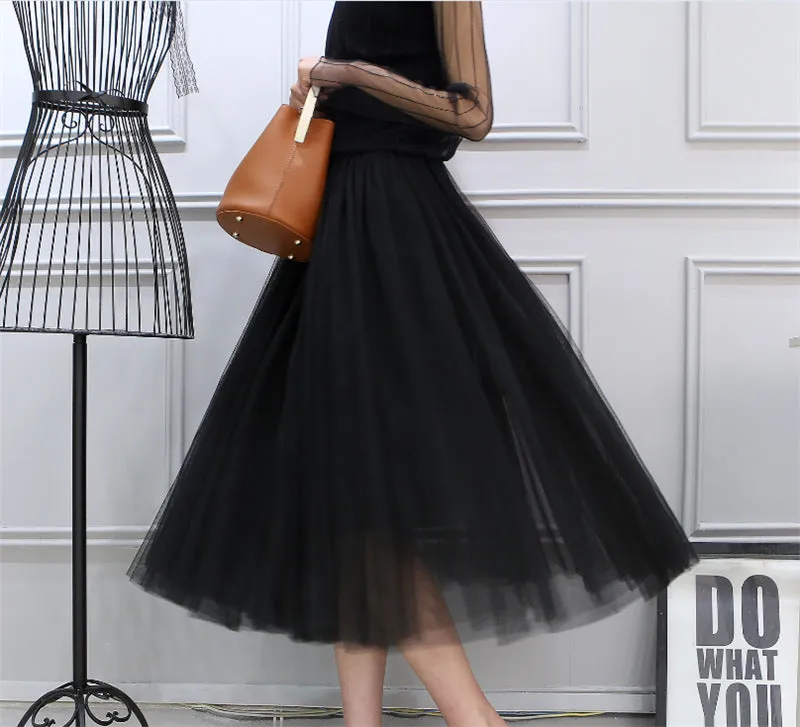 High Waist Celebrity Inspired Skirt A-Line Mesh Tutu Flare Mid-Length Skirt