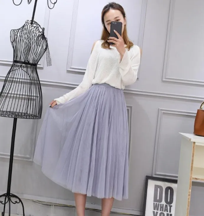 High Waist Celebrity Inspired Skirt A-Line Mesh Tutu Flare Mid-Length Skirt