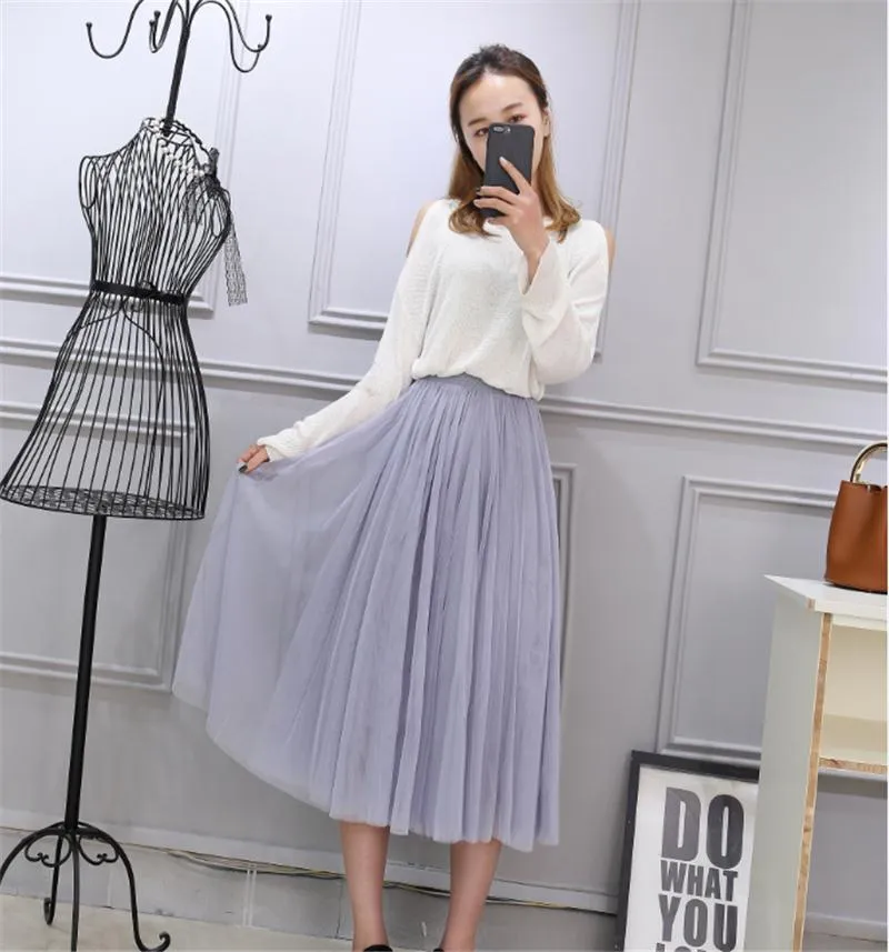 High Waist Celebrity Inspired Skirt A-Line Mesh Tutu Flare Mid-Length Skirt