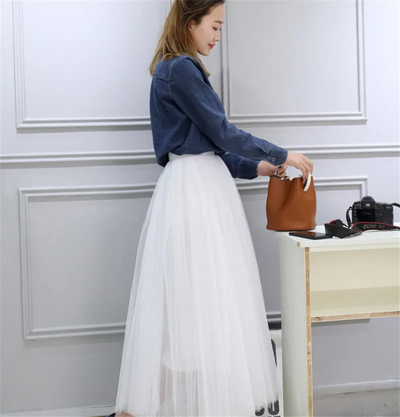High Waist Celebrity Inspired Skirt A-Line Mesh Tutu Flare Mid-Length Skirt