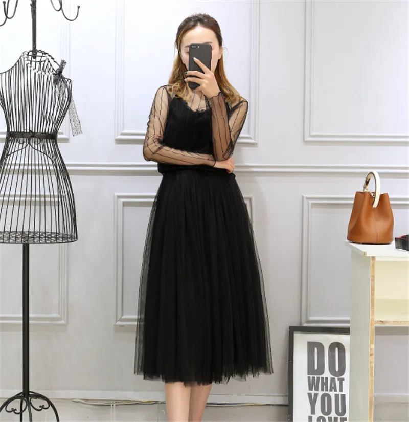 High Waist Celebrity Inspired Skirt A-Line Mesh Tutu Flare Mid-Length Skirt