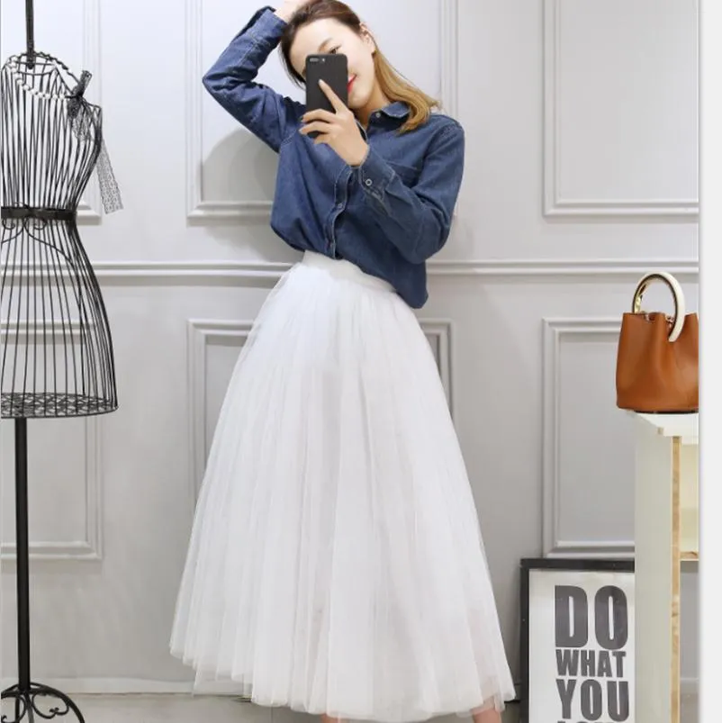 High Waist Celebrity Inspired Skirt A-Line Mesh Tutu Flare Mid-Length Skirt