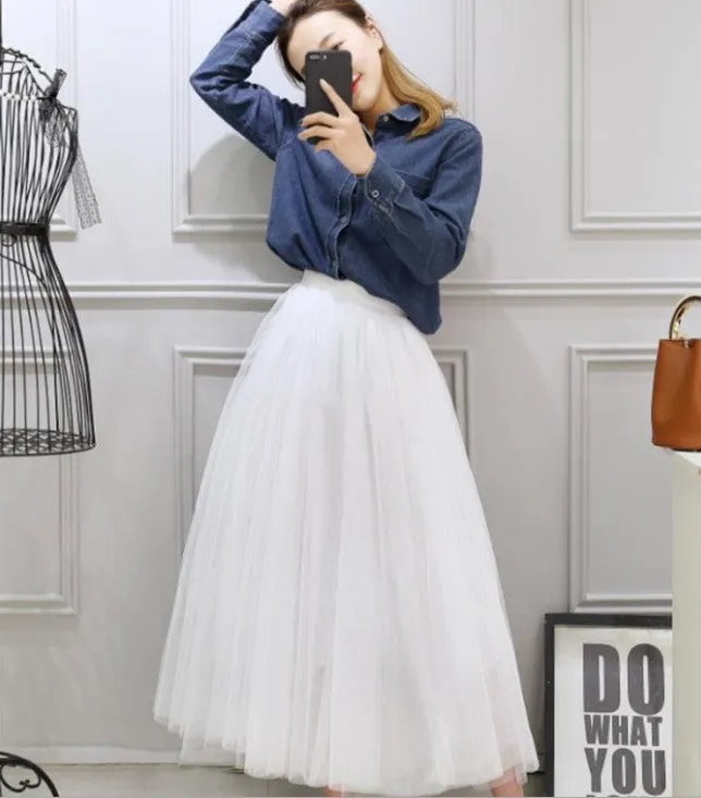 High Waist Celebrity Inspired Skirt A-Line Mesh Tutu Flare Mid-Length Skirt