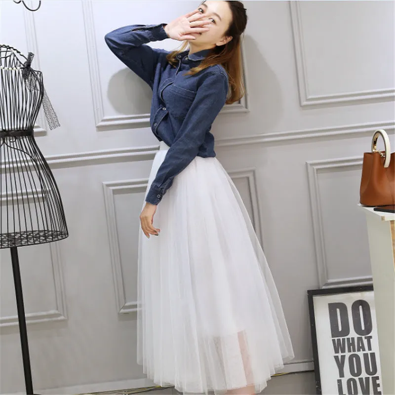 High Waist Celebrity Inspired Skirt A-Line Mesh Tutu Flare Mid-Length Skirt