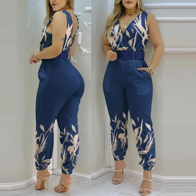 High Waist V-neck Sleeveless Jumpsuit With Belt