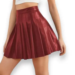 High Waisted Faux Leather Pleated Mini Skirt