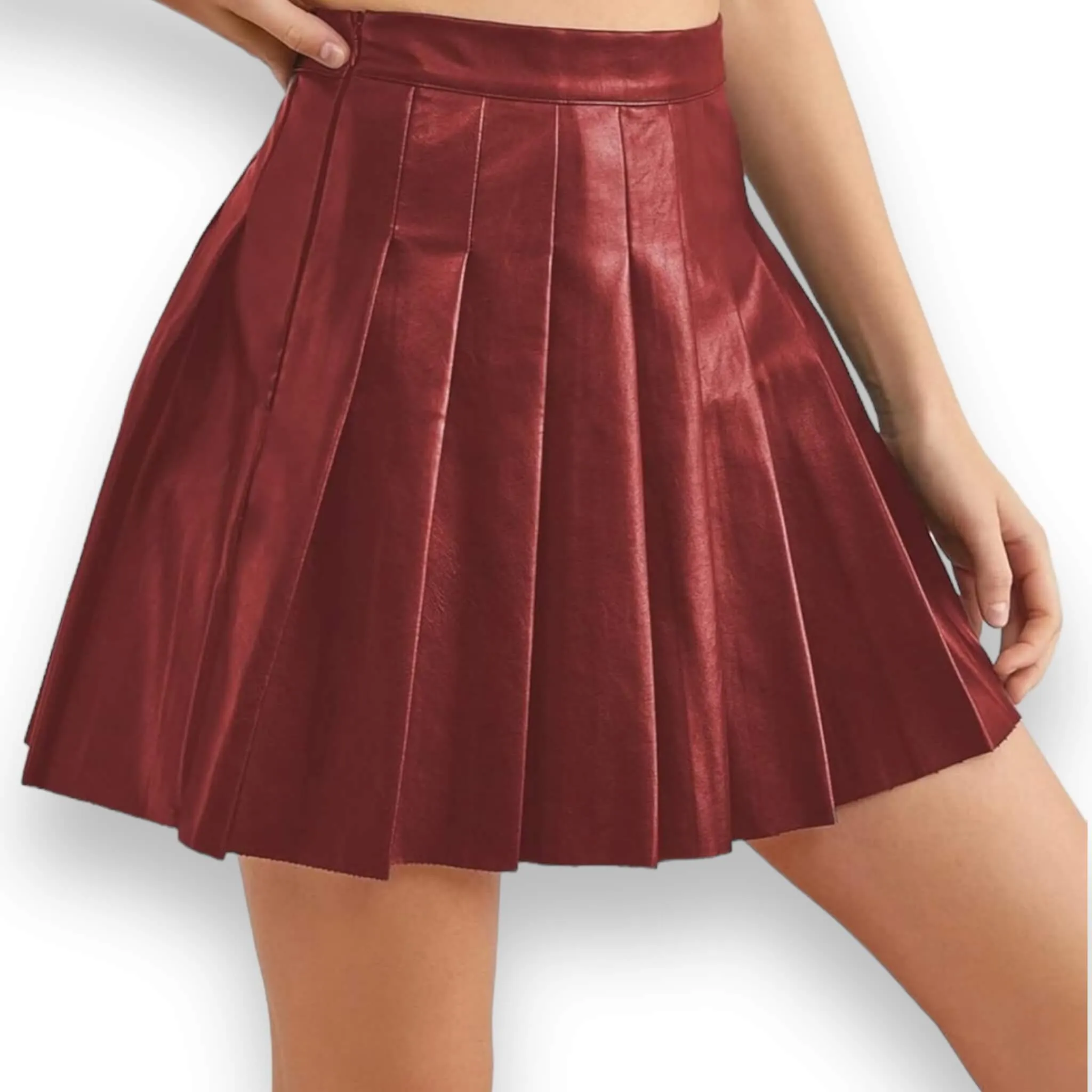 High Waisted Faux Leather Pleated Mini Skirt