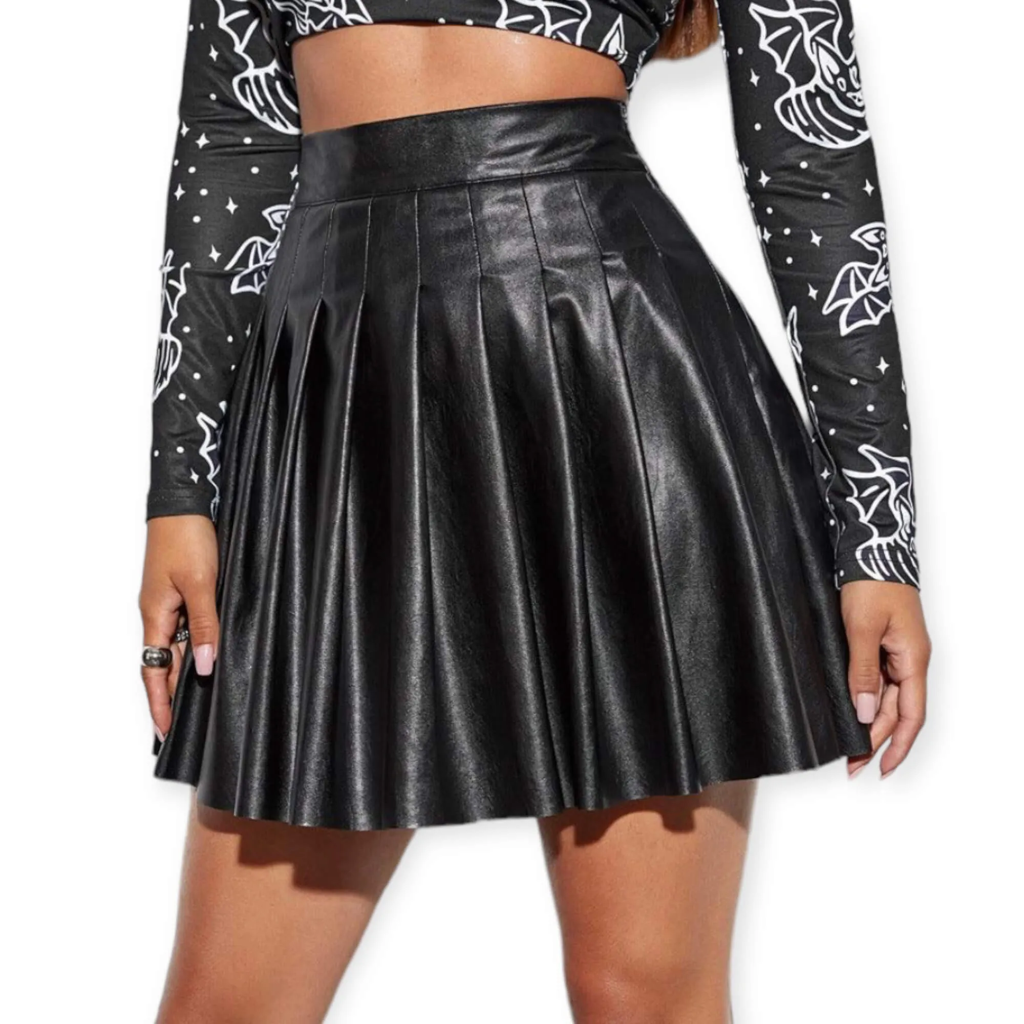 High Waisted Faux Leather Pleated Mini Skirt