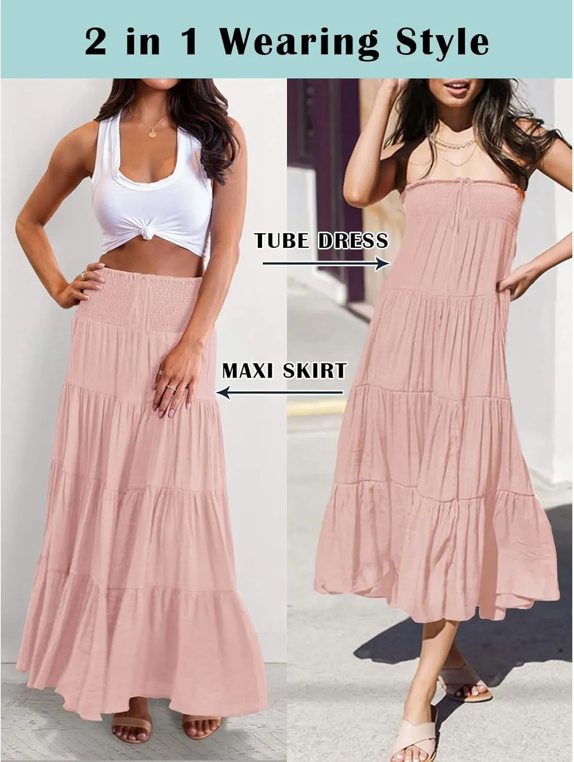 High Waisted Maxi Skirts for Women Trendy Smocked Ruffled Tiered Flowy Linen Skirt Summer Casual Boho Long Skorts