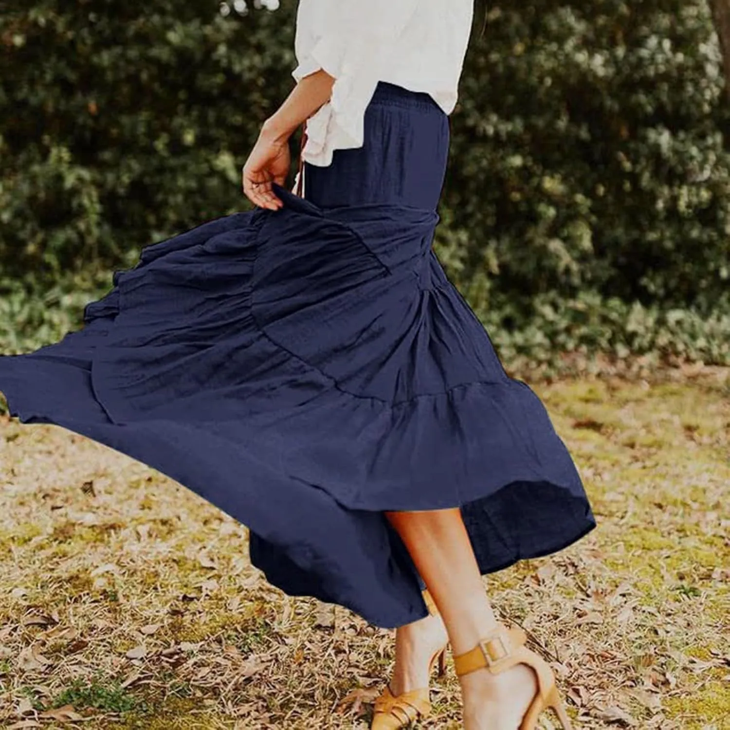 High Waisted Maxi Skirts for Women Trendy Smocked Ruffled Tiered Flowy Linen Skirt Summer Casual Boho Long Skorts