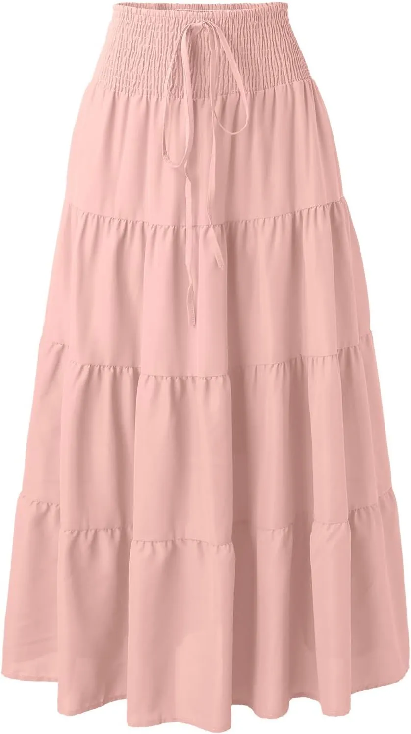 High Waisted Maxi Skirts for Women Trendy Smocked Ruffled Tiered Flowy Linen Skirt Summer Casual Boho Long Skorts