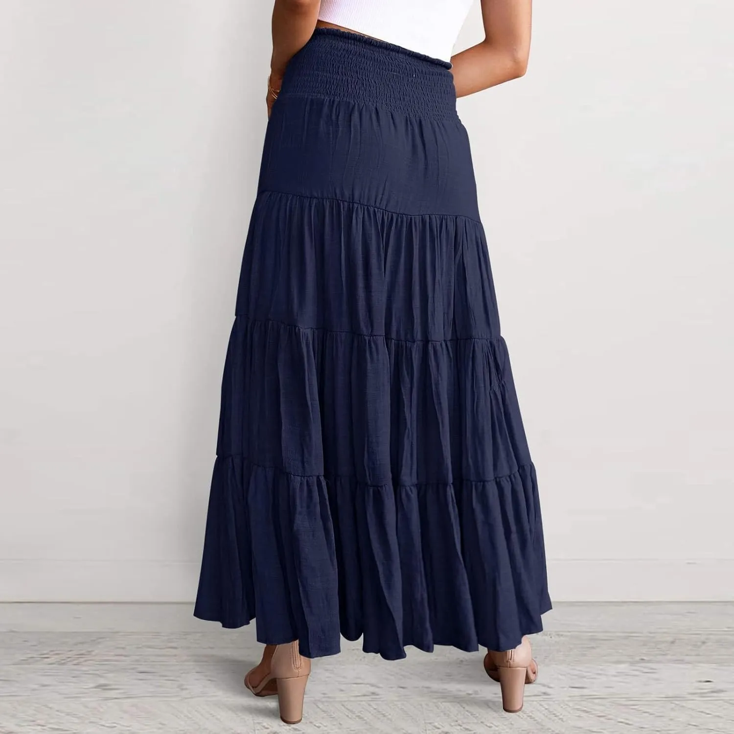 High Waisted Maxi Skirts for Women Trendy Smocked Ruffled Tiered Flowy Linen Skirt Summer Casual Boho Long Skorts