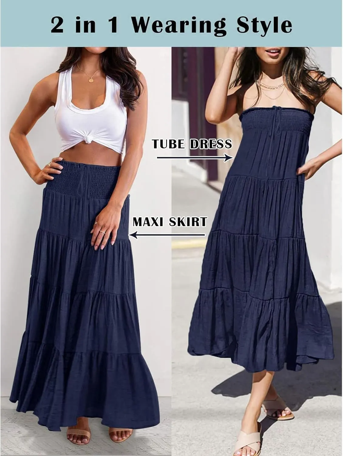 High Waisted Maxi Skirts for Women Trendy Smocked Ruffled Tiered Flowy Linen Skirt Summer Casual Boho Long Skorts