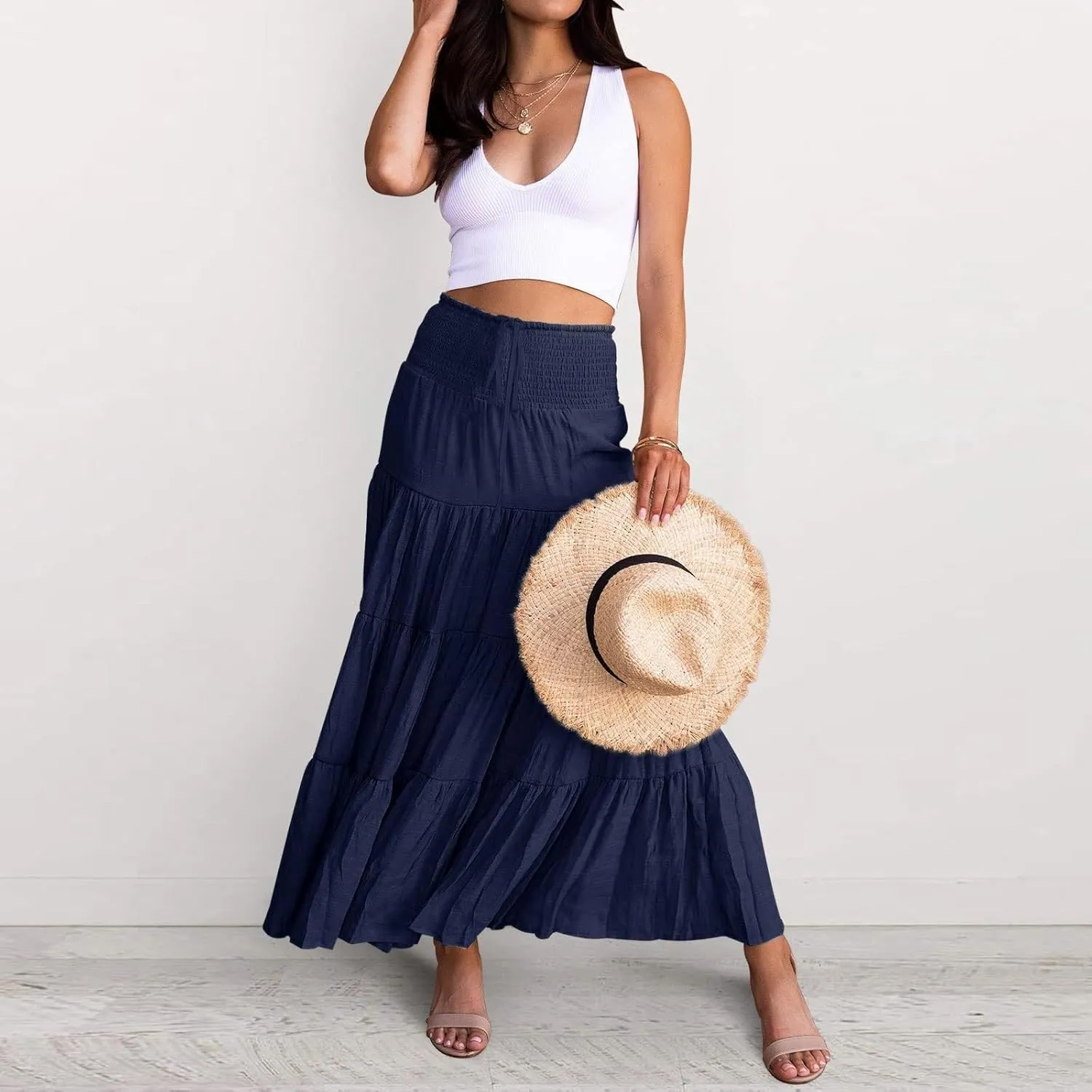 High Waisted Maxi Skirts for Women Trendy Smocked Ruffled Tiered Flowy Linen Skirt Summer Casual Boho Long Skorts