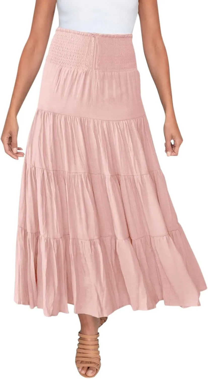 High Waisted Maxi Skirts for Women Trendy Smocked Ruffled Tiered Flowy Linen Skirt Summer Casual Boho Long Skorts